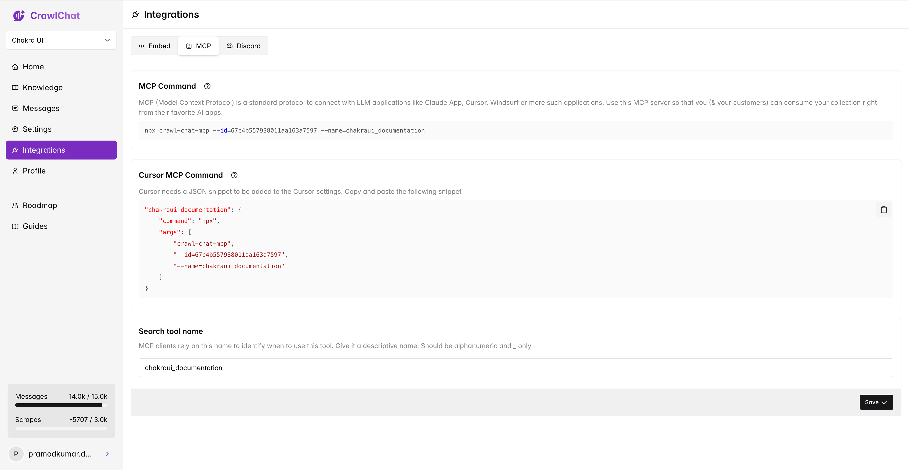 MCP Settings on CrawlChat