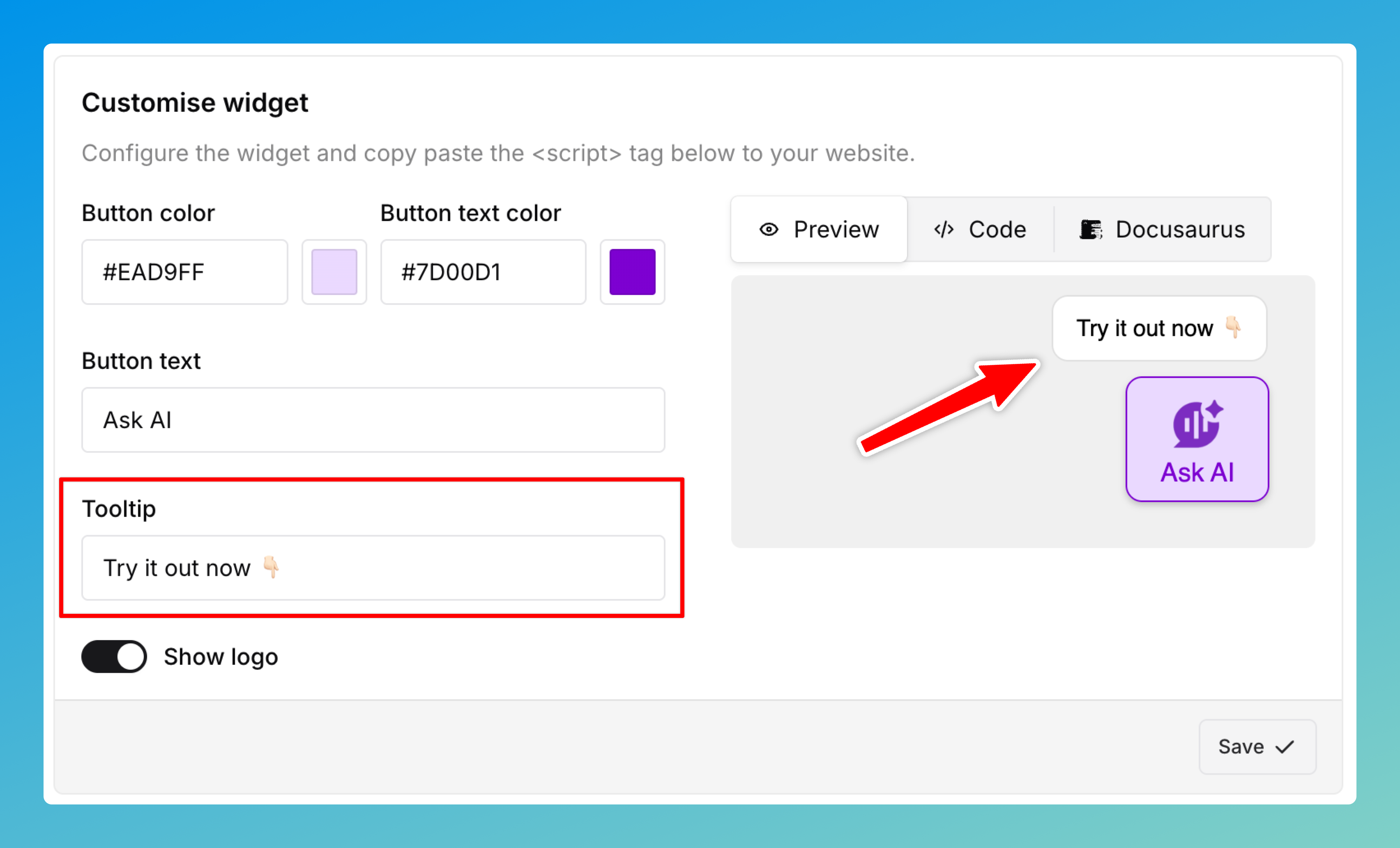 Customize Ask AI button Tooltip